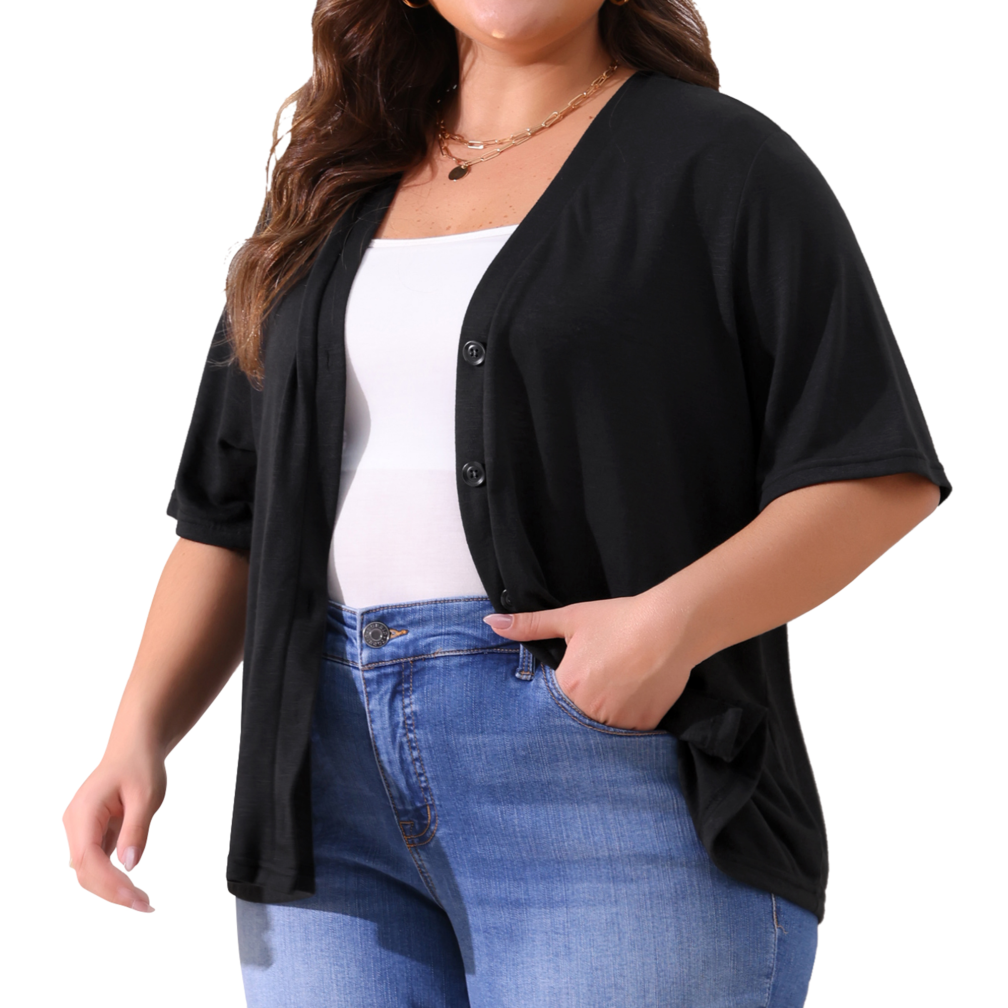DARING DIVA Women's Plus Button Down Sheer Knitted Sweater 2X Black