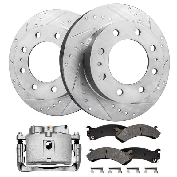 Detroit Axle - Front Brake Kit for Express Savana Silverado Sierra Savana 2500 3500 Cadillac DeVille Hummer H2, Drilled Slotted Brake Rotors Brake Pads Right Caliper: 12.8 inch Rotor