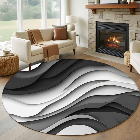 Round Rugs 5Ft, Black Grey Ombre Round Area Rug Washable Indoor Throw Carpet, Moire Modern Aesthetics Geometric Abstract Soft Non Slip Circle Rug for Cabinet Bathroom Home Decor Aesthetic