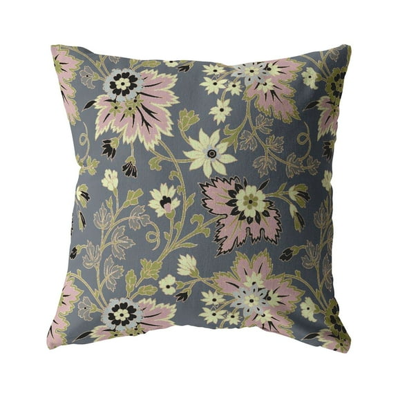 Friendly Flowers Indoor/Outdoor Pillow in Muted Pink and Gray 18x18
