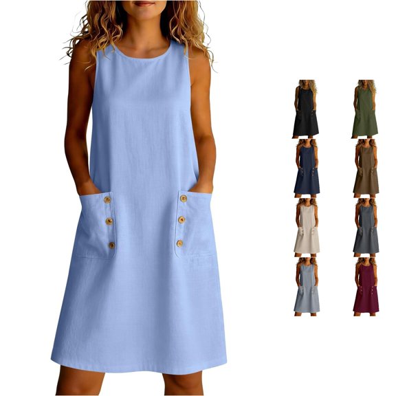 Women's Sleeveless V Neck Casual Dress, Buttonless Design, Lightweight Blend, Warm Weather Wear