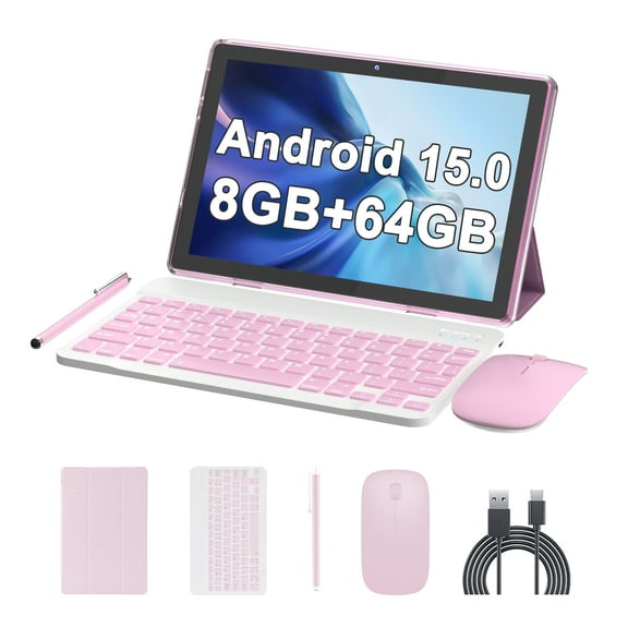 Android 15 Tablet 2 in 1 Tablets 10 Inch Tablet with Keyboard Mouse Case Protective Stylus 10.1" Tab 8GB 64GB Support 1TB Expansion 2MP 8MP Dual Camera 6000mAh Battery Bluetooth WIFI-6, Pink