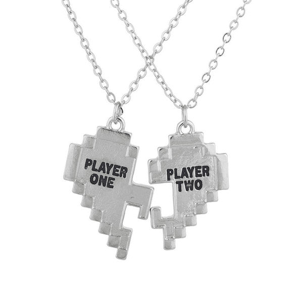 Lux Accessories Silver Tone Player 1 2 Gamer BFF Broken Heart Necklace Set 2 PC