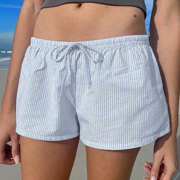 MKLEKYY Pantalones Cortos para Mujer, Moda Femenina, A Rayas, Cintura Alta, con Cordones, Informales, Sueltos y Rectos, Pantalones Cortos para Niñas
