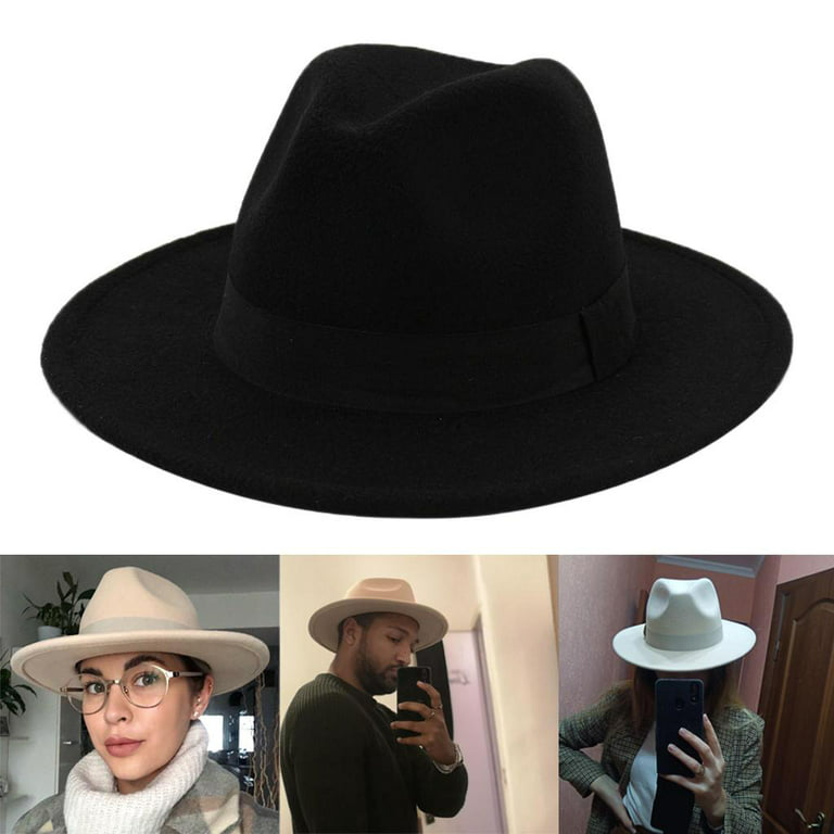 Men's Fashion Flat Part Fedora Hat, Breathable Ribbon, Belt, Wide Brim,  Felt, British Winter Black