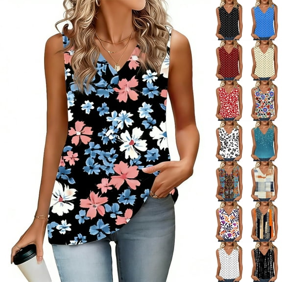 Sleeveless V Neck Tank Tops for Women Floral Print Casual Summer Loose Blouses Trendy Tunic Shirts