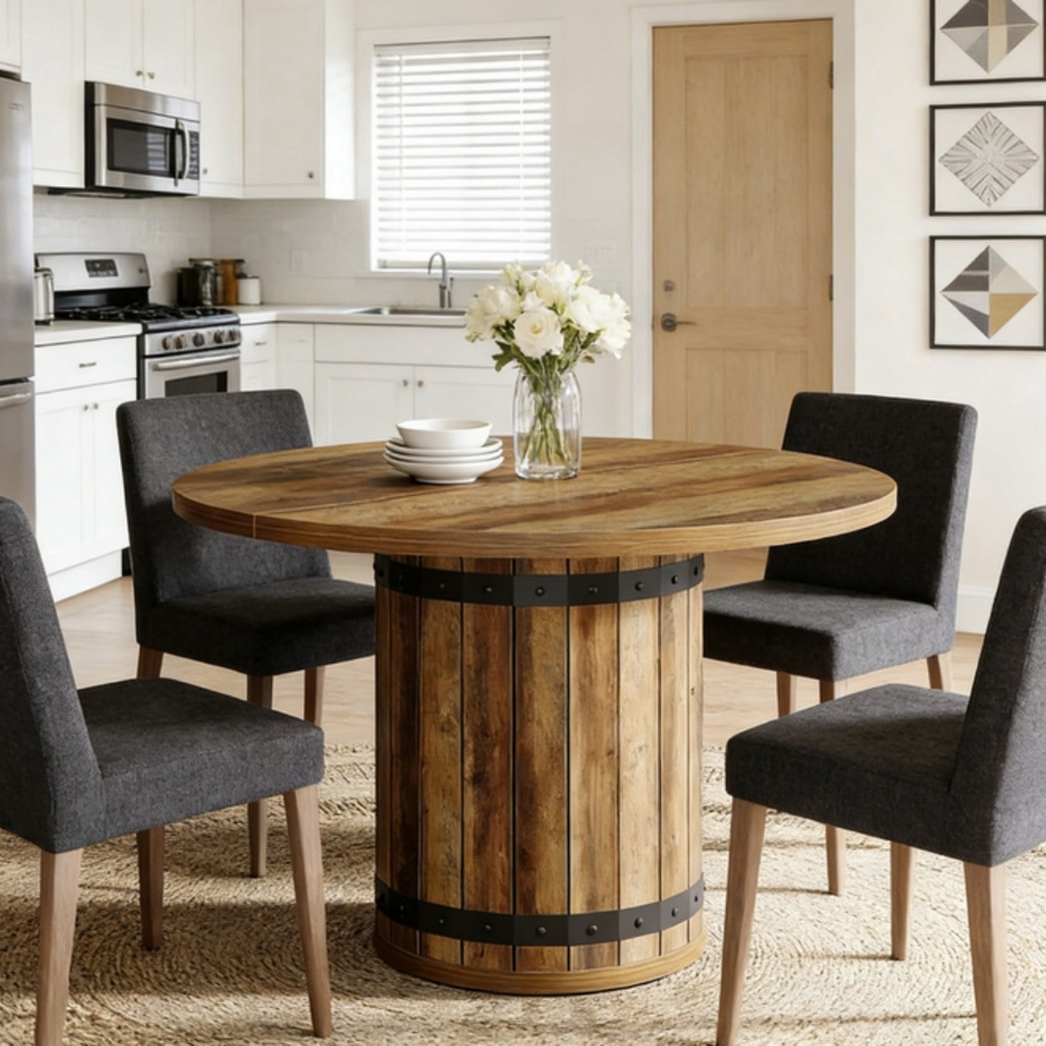 39.37 in Round Farmhouse Dining Table, Rustic Brown MDF, Seats 4