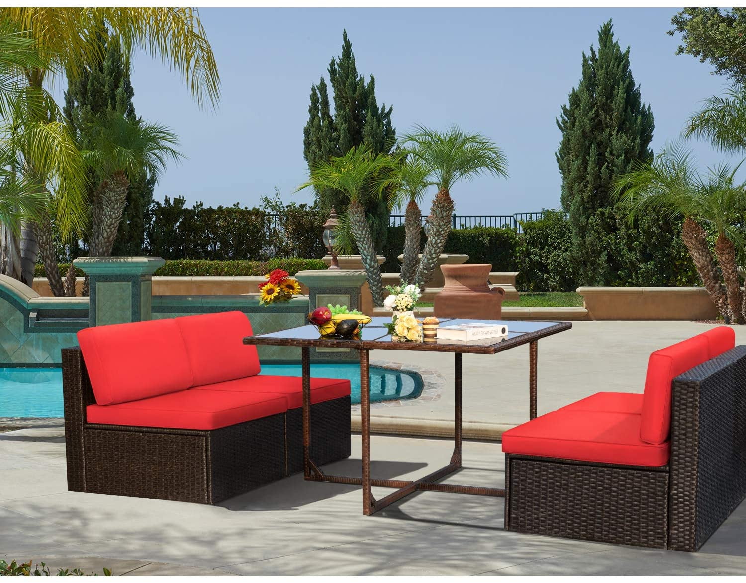 Vineego 5 Pieces Patio Dining Sets Outdoor Conversation Sets Wicker Patio Sectional Sofa with Tempered Glass Table(Red)