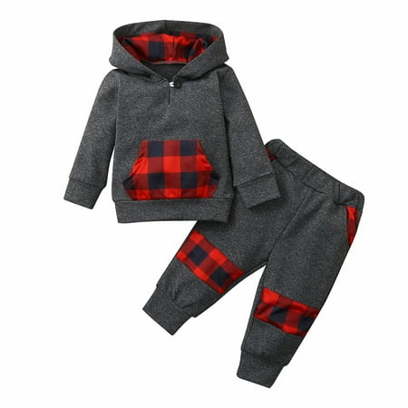 

Dadaria Toddler Sweatshirt Newborn Baby Long Sleeve Plaid Printed Hoodie Sweatshirt Top+Long Pants Set Gray 90 Toddler