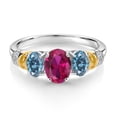 thumbnail image 2 of Gem Stone King 925 Sterling Silver and 10K Yellow Gold Oval Red Created Ruby Persian Blue Moissanite and White Diamond 3 Stone Ring for Women (2.28 Cttw, Gemstone July Birthstone, Size 8), 2 of 3