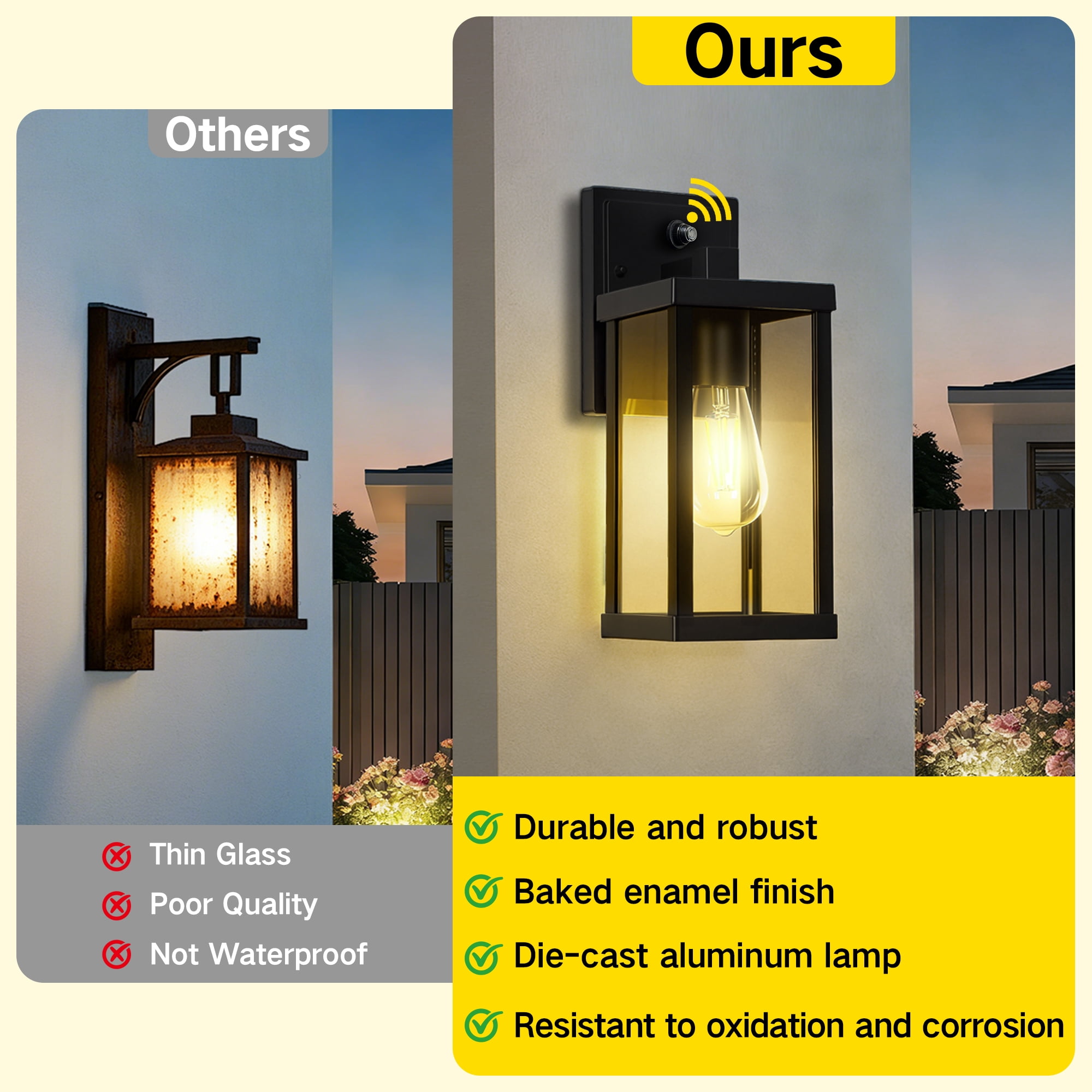 OUTON Outdoor Porch Lights Wall Mount, Modern Black Exterior Wall Sconce for House, Waterproof Carriage Lamp, Anti-Rust Aluminium Wall Lantern with Tempered Seeded Glass Shade, Light Control Black