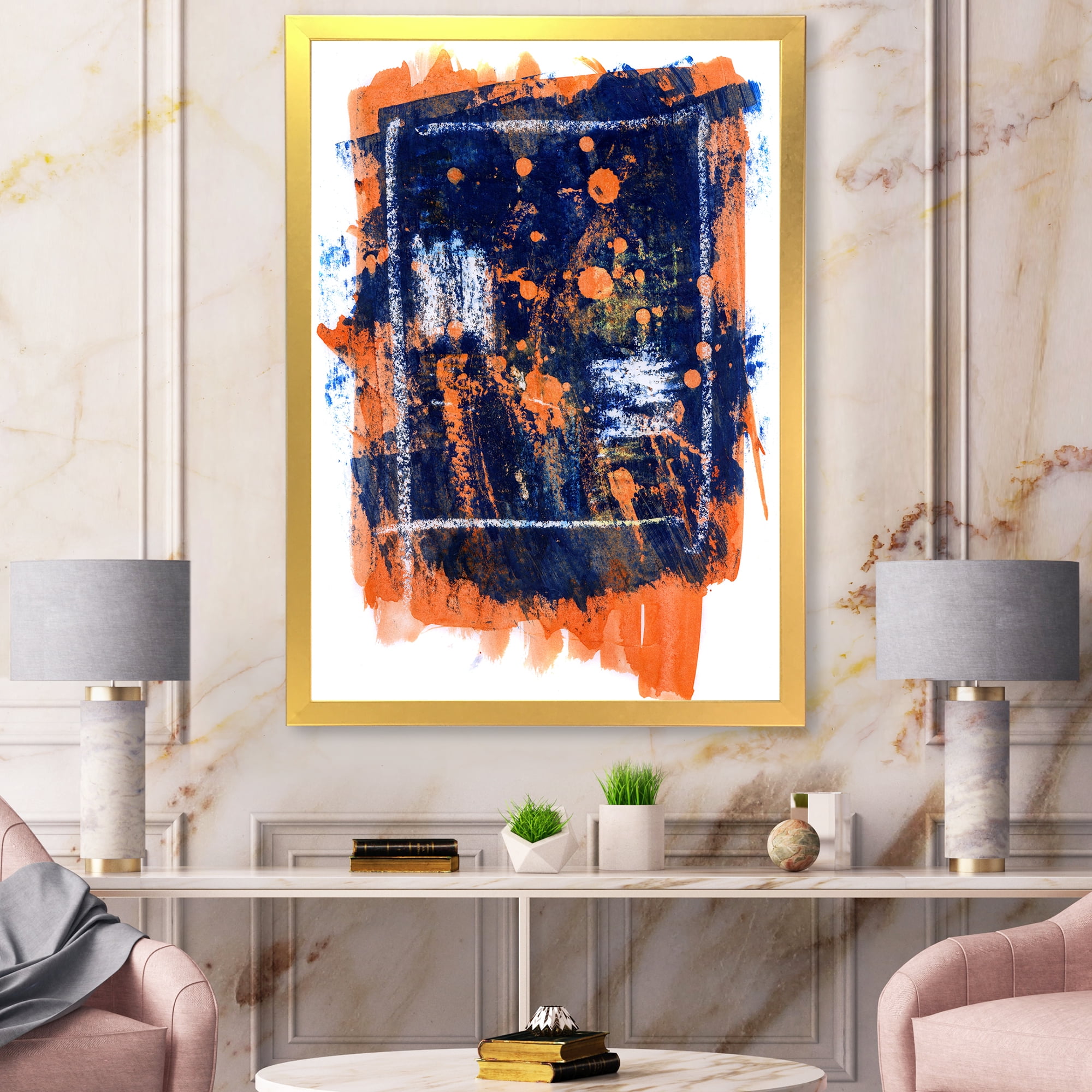 Designart 'Navy Blue and Orange Abstract' Modern Framed Art Print