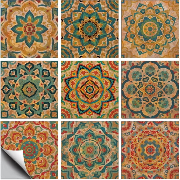 18 Pcs 9 Style Tile Stickers Retro Coffee Peel and Stick Wall Stickers Mandala Geometric Waterproof Self Adhesive Stick on Tiles Decals for Kitchen Bathroom Wall Art Decor 6×6 Inch