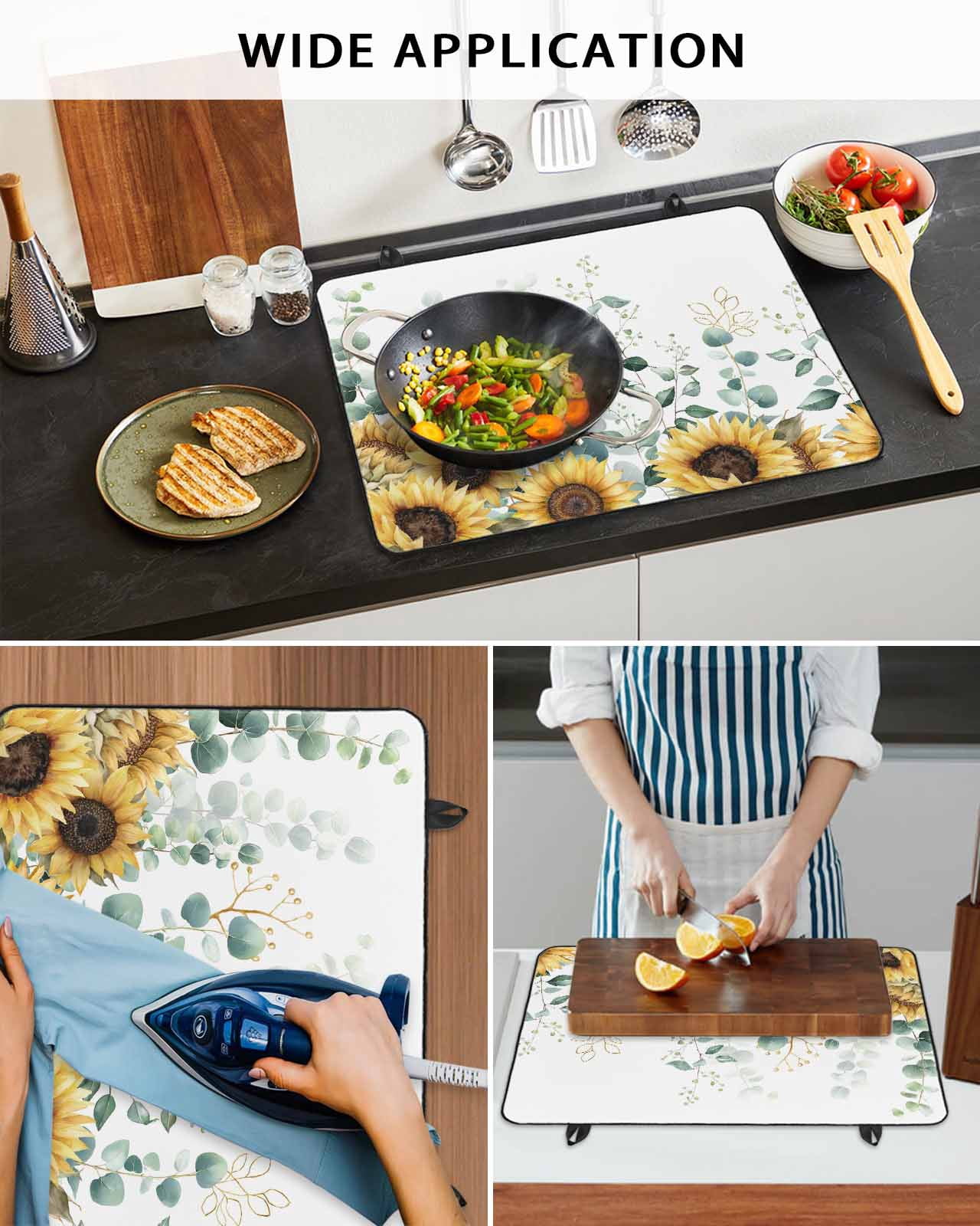 Large Induction Cooktop Protector Mat Sunflower Stove Top Covers for Electric Stove, Yellow Floral Pastoral Botanical Leaves Decorative Stove Burner Cover Mats, Glass Top Stove Cover