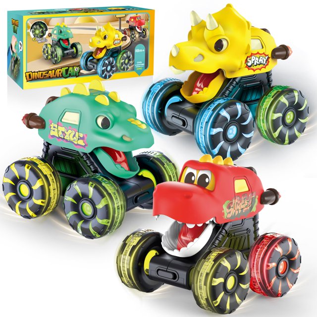 Paquete de 3 juguetes OMAKCOO con forma de monstruo con forma de dinosaurio con ruedas LED iluminadas para niños pequeños