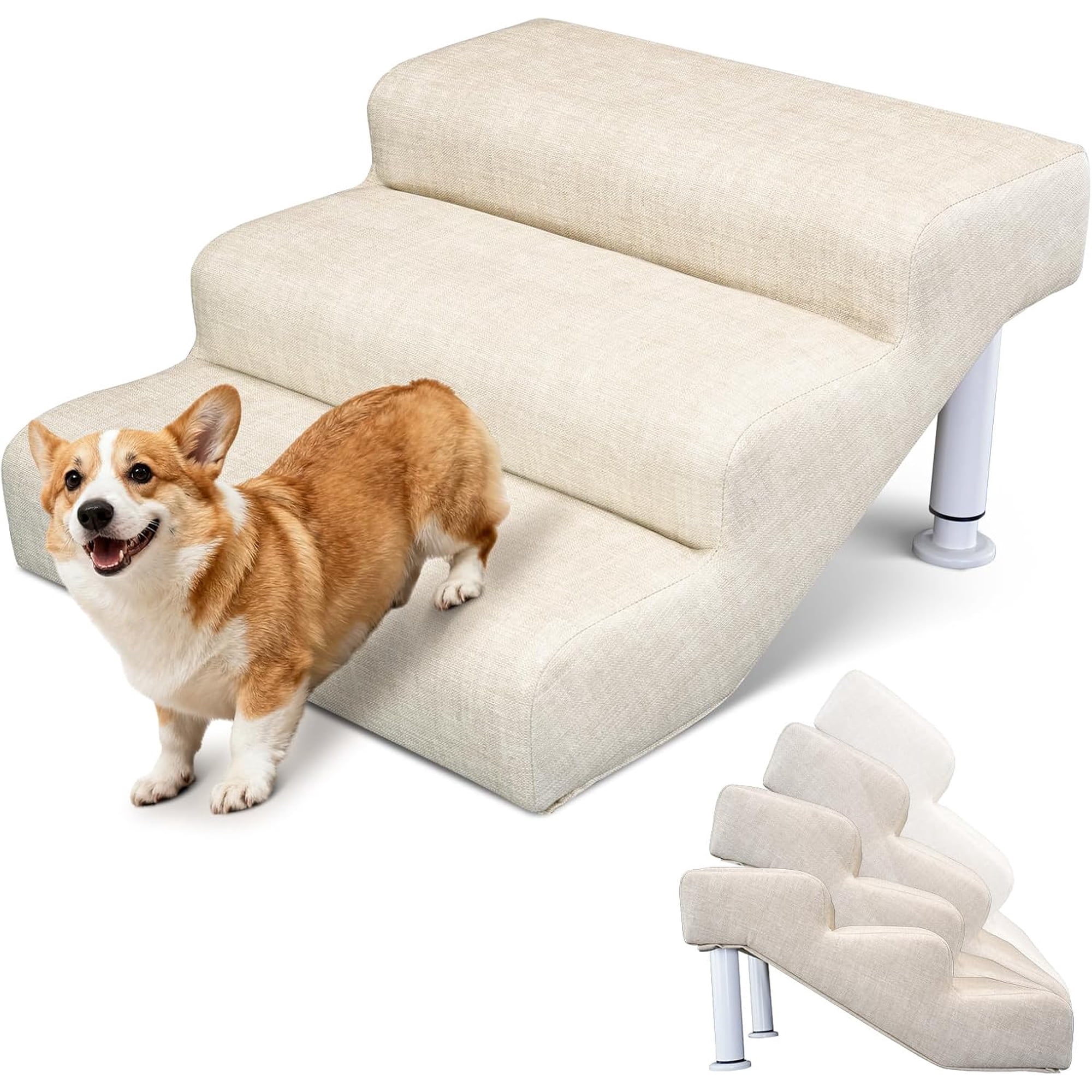 SLSY Adjustable Pet Stairs for Beds and Sofas - 3 Steps 13" - 15" High Non-Slip Dog Steps, Holds Up to 150lbs - Linen Faux Leather Dog Stairs for Small and Medium Dogs and Cats