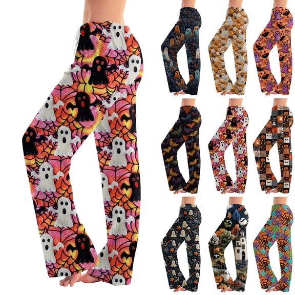 Zorvxlyn Halloween Woman Pajama Pants Ghost Pumpkin Bat Print Pj Bottoms for Women Drawstring Elastic Waist Lightweight Lounge Pants Women