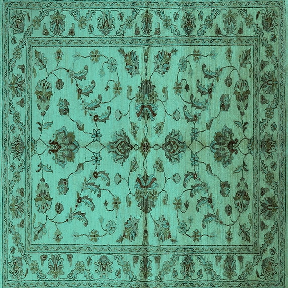 Ahgly Company Machine Washable Indoor Square Oriental Turquoise Blue Traditional Area Rugs, 4' Square