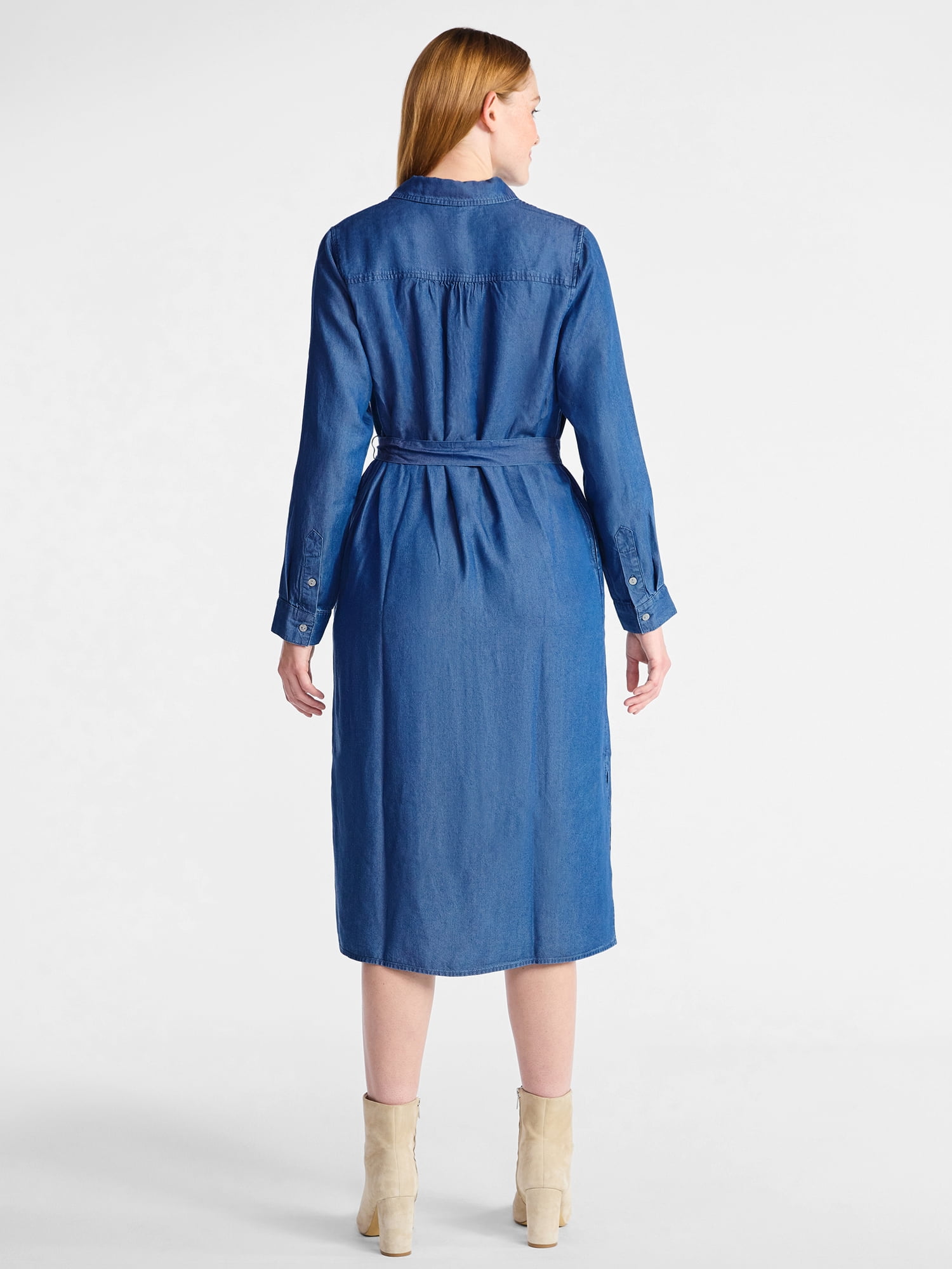 Time and Tru Women's Midi Shirt Dress with Long Sleeves, Sizes XS-XXXL