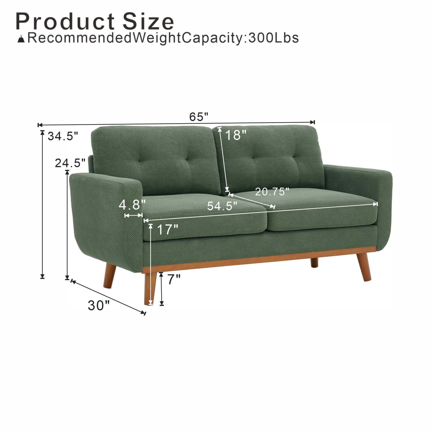 MAYEERTY 65‑Inch Modern Minimalist Two‑Seater Sofa, Nubby Upholstered Loveseat with Sturdy Solid Wood Legs, Mid‑Century Upholstered Couch for Living Room