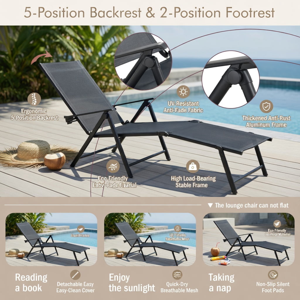 Hommoo Foldable Outdoor Chaise Lounge Chair with Adjustable Backrest & Footrest, Steel Frame, Breathable Fabric, Perfect for Patio, Poolside & Garden, Black