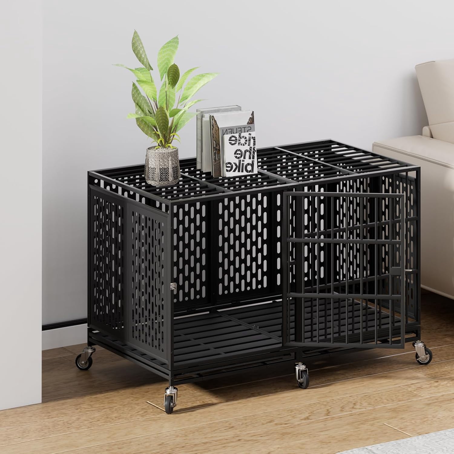 Snuowu 48Inch Heavy Duty Dog Crate with Wheels, Metal Big Dog Cage for Large and Medium Dogs, Extra Large XL XXL Indestructible Dog Crate with Removable Tray.
