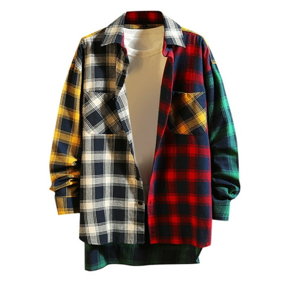 Mens Casual Button Down Shirts Patchwork Color Plaid Print Long Sleeve Pocket Loose Mans Clothing Blouse Activewear