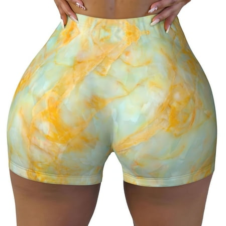 Workout Shorts Women  Yellow With Teal Marble Biker Shorts for Women Running Gym Spandex Shorts Tummy Control