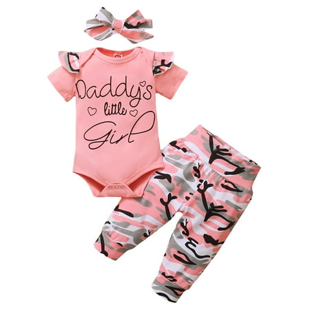 

KIMI BEAR Infant Girls Outfits 6 Months Infant Girl Spring Summer Outfits 12 Months Infant Girl Daddy S Little Girl Flourish Prints Romper + Camou Pants + Headband 3PCS Set Pink
