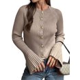 thumbnail image 2 of Women Trendy Crew Neck Ribbed Knit Crop Bell Long Sleeve Open Front Button Down Sweater Shirt Fall Outfit Khaki S, 2 of 6