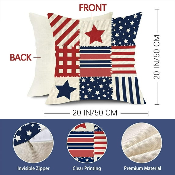 4th of July Patriotic Decorative Throw Pillow Covers 20x20 Set of 4, America Land of The Free Porch Outdoor Home Decor, American Red Blue White Stars Stripes Let Freedom Ring Couch Cushion Case