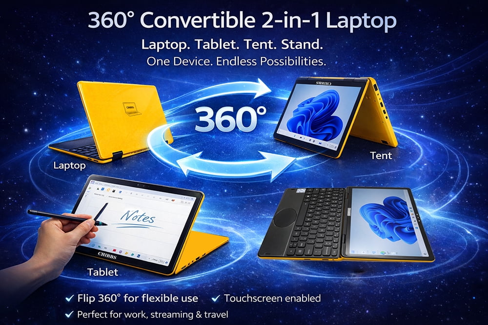 CHIBBS 11" Inch YOGA360 Touch Screen 2-in-1 Windows 11 Laptop Computer, INTEL N100, Facial Recognition, & Backlit keyboard- Yellow