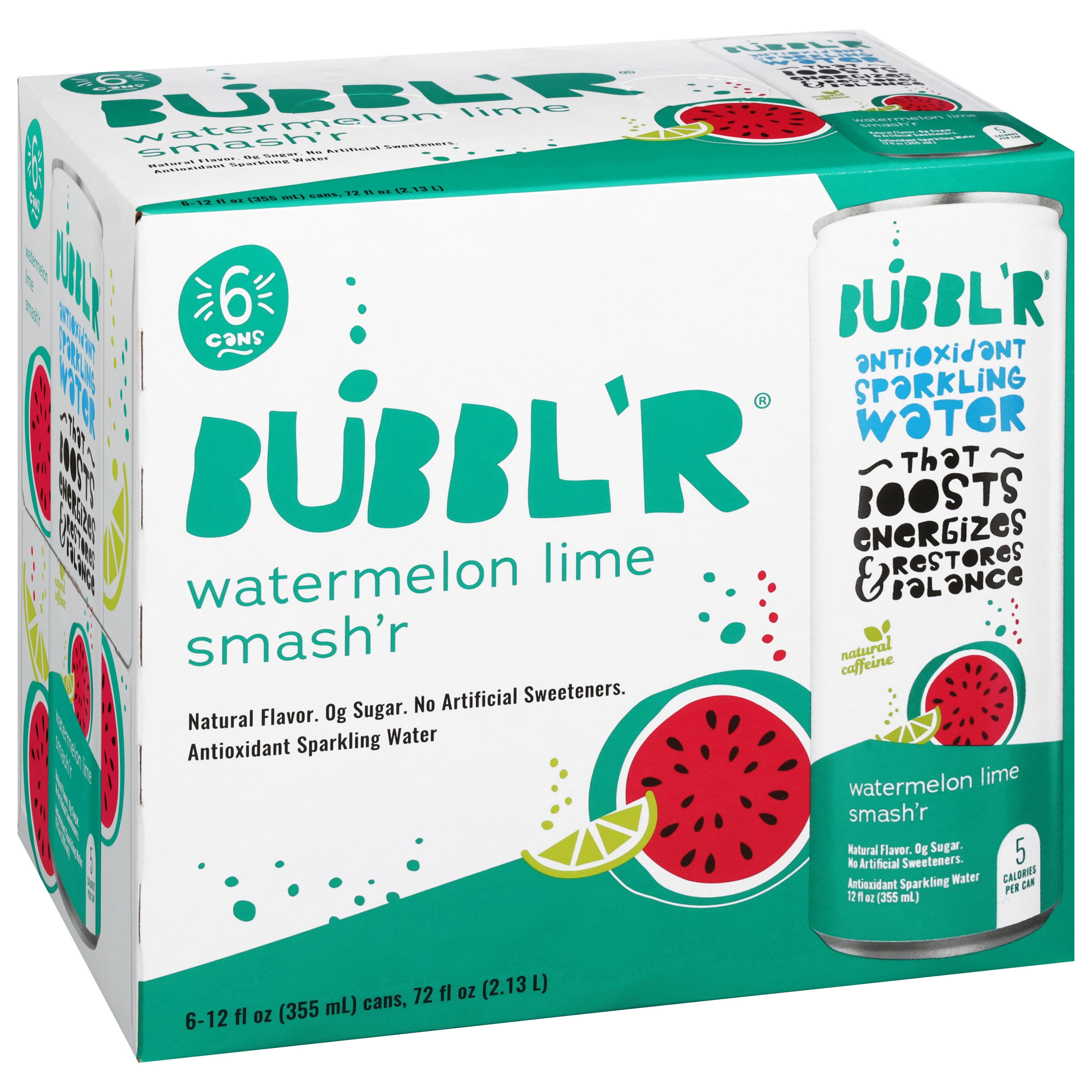 (4 pack) BUBBL'R Antioxidant Sparkling Water, Watermelon Lime Smash'r, 12 fl oz, 6 Pack Cans