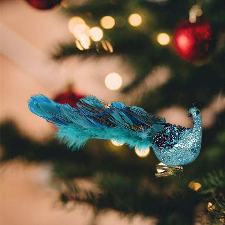 Christmas Tree Ornaments Glittered Bird Faux Peacock Decoration New Year  2023 Navidad Clip On Turquoise Peacock