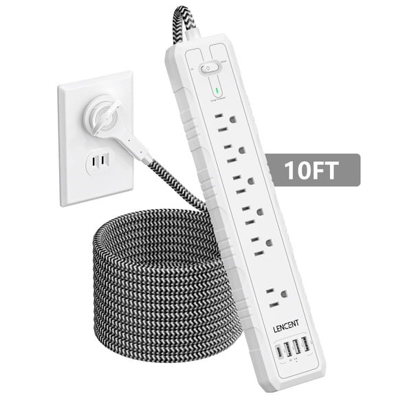 LENCENT Power Strip Surge Protector,2 Prong Extension Cords for indoor 10ft,2 to 3 Prong Outlet Adapter Polarized Plug,6 AC Outlets & 4 USB(1 Type-C),Flat Plug for Non-Grounded Outlets
