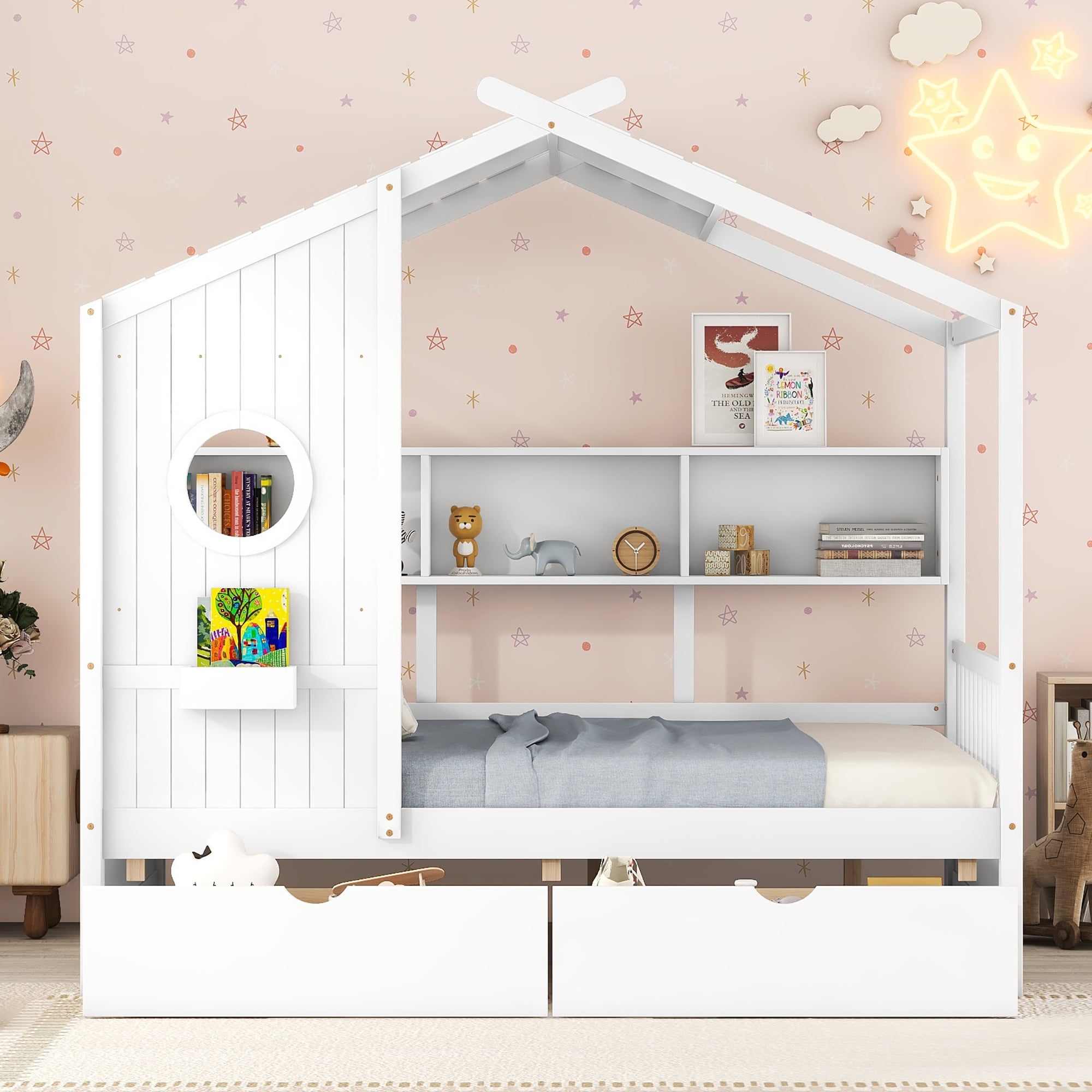 Harper & Bright Designs Full Size House Bed with Roof and Window, Wooden Daybed Frame with Shelves and 2 Drawers for Girls Boys, White