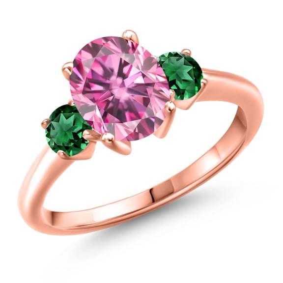 Gem Stone King 18K Rose Gold Plated Silver Pink Moissanite and Green Nano Emerald Engagement Ring for Women | 2.60 Cttw | Oval 9X7MM | Gemstone Birthstone | Size 5