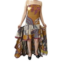 Mogul Womens Hi low Accents Dress Recycled Silk Ruffle Tiered Design Trendy Printed Flowy Strapless Bohemian Sundress M/L