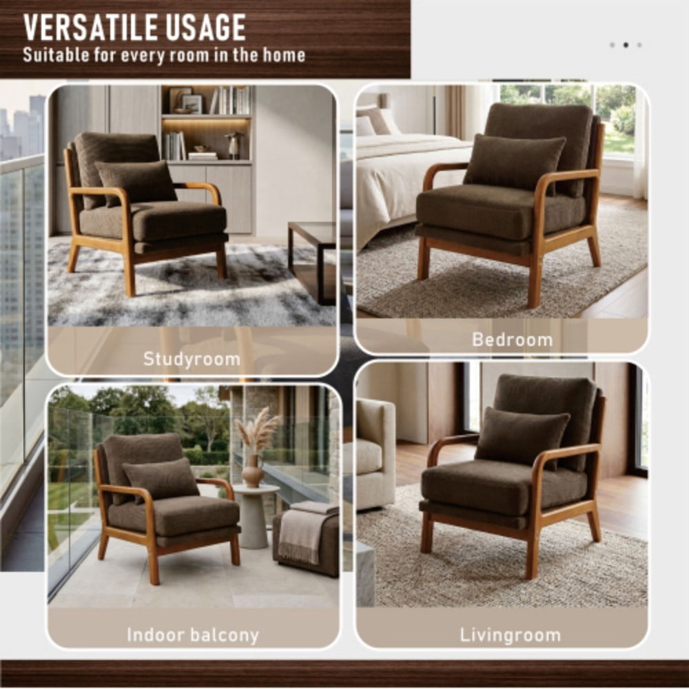 Wooden Lounge Chair, Modern Upholstered Accent Chair with Solid Wood Armrests, High-Density Foam Cushion, Reclined Backrest for Living Room, Bedroom & Office, Coffee