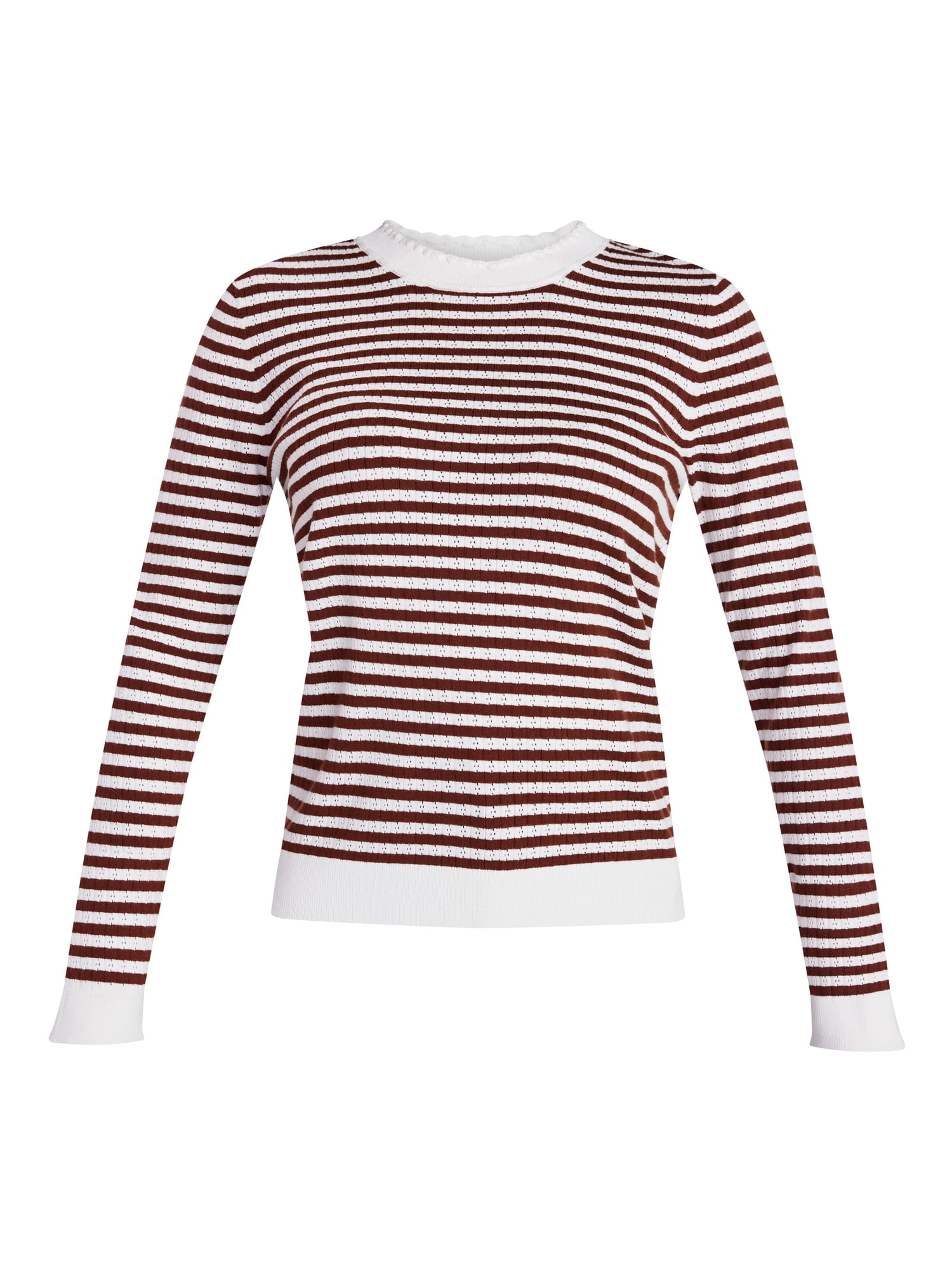 Time and Tru Women's Stripe Pointelle Rib Sweater with Long Sleeves, Lightweight, Sizes XS-XXXL
