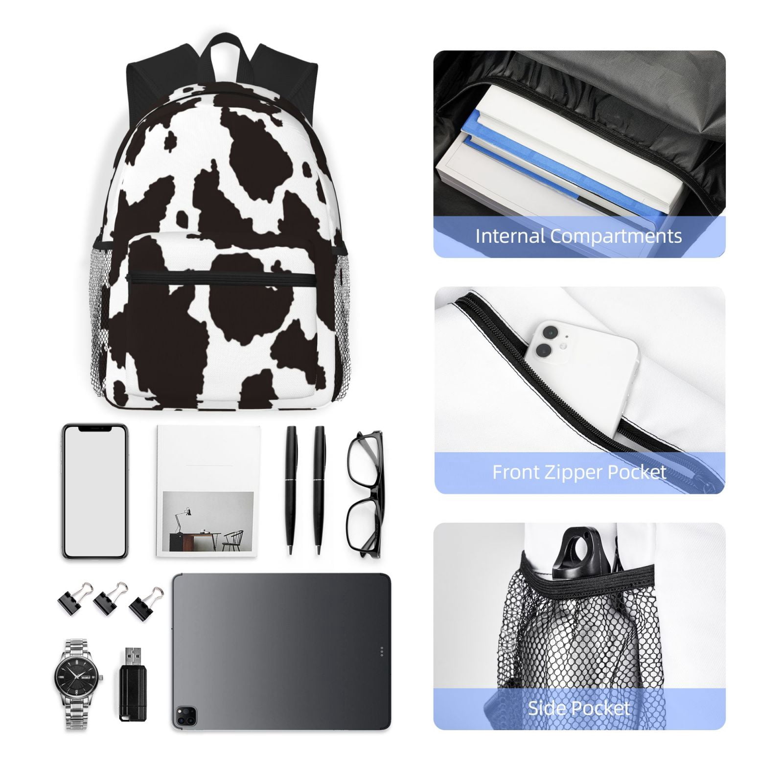 Horeoi Cow Skin 2 Print Casual Backpack for School Work Travel Hiking with Laptop Compartment and Side Pockets Lightweight Design