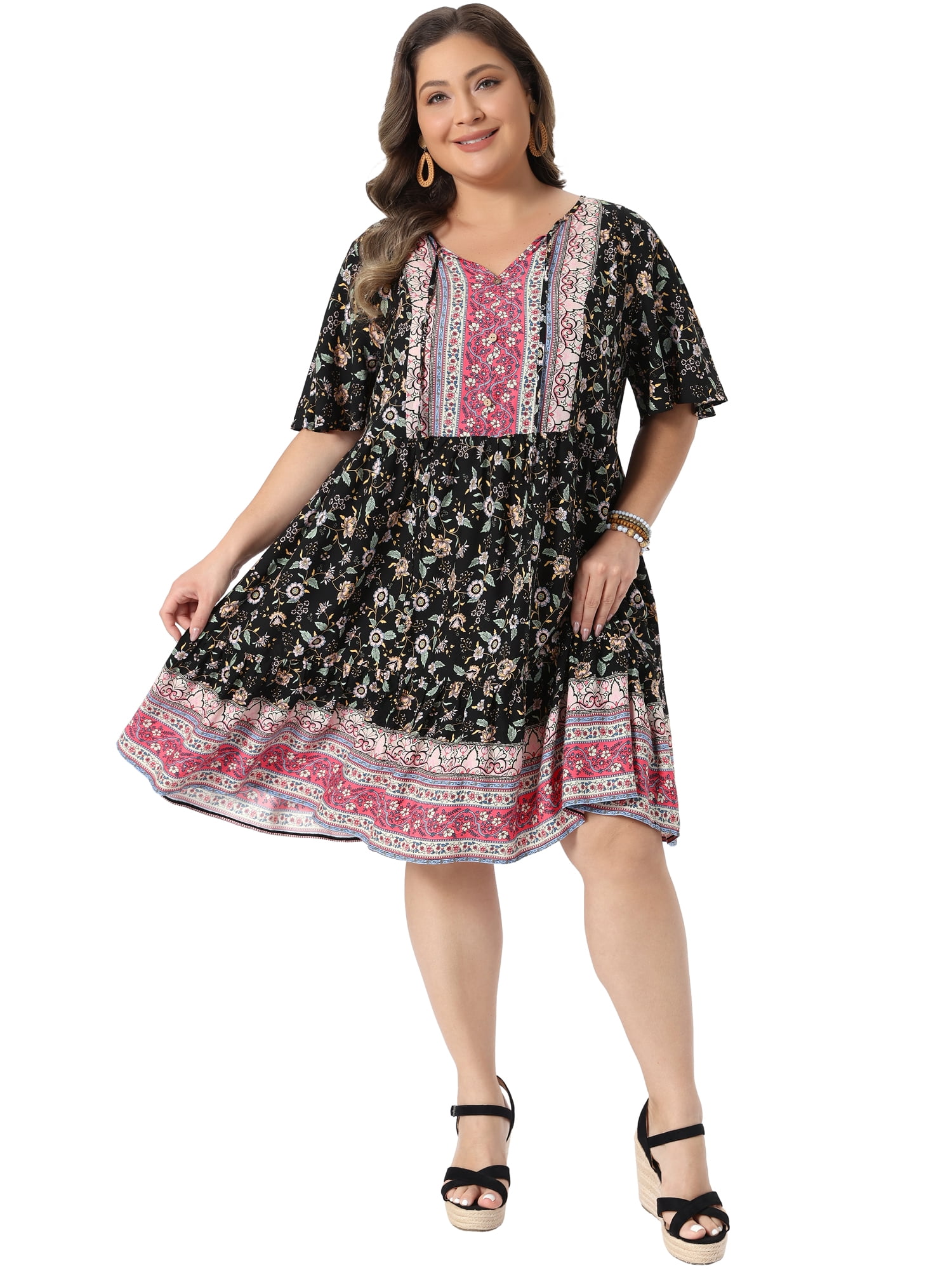 DARING DIVA Women's Plus Boho Midi Tie Crew Neck Short Dress 3X Black