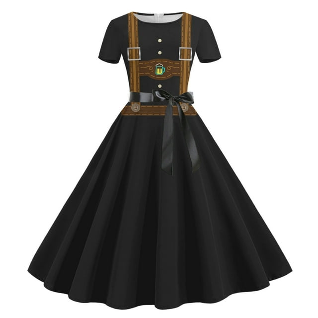 Puntoco Vestido De Manga Corta Para Mujer Oktoberfest Vestido De Fiesta Con Cuello Redondo Estampado Negro L,Regalos Para Mujer Joven