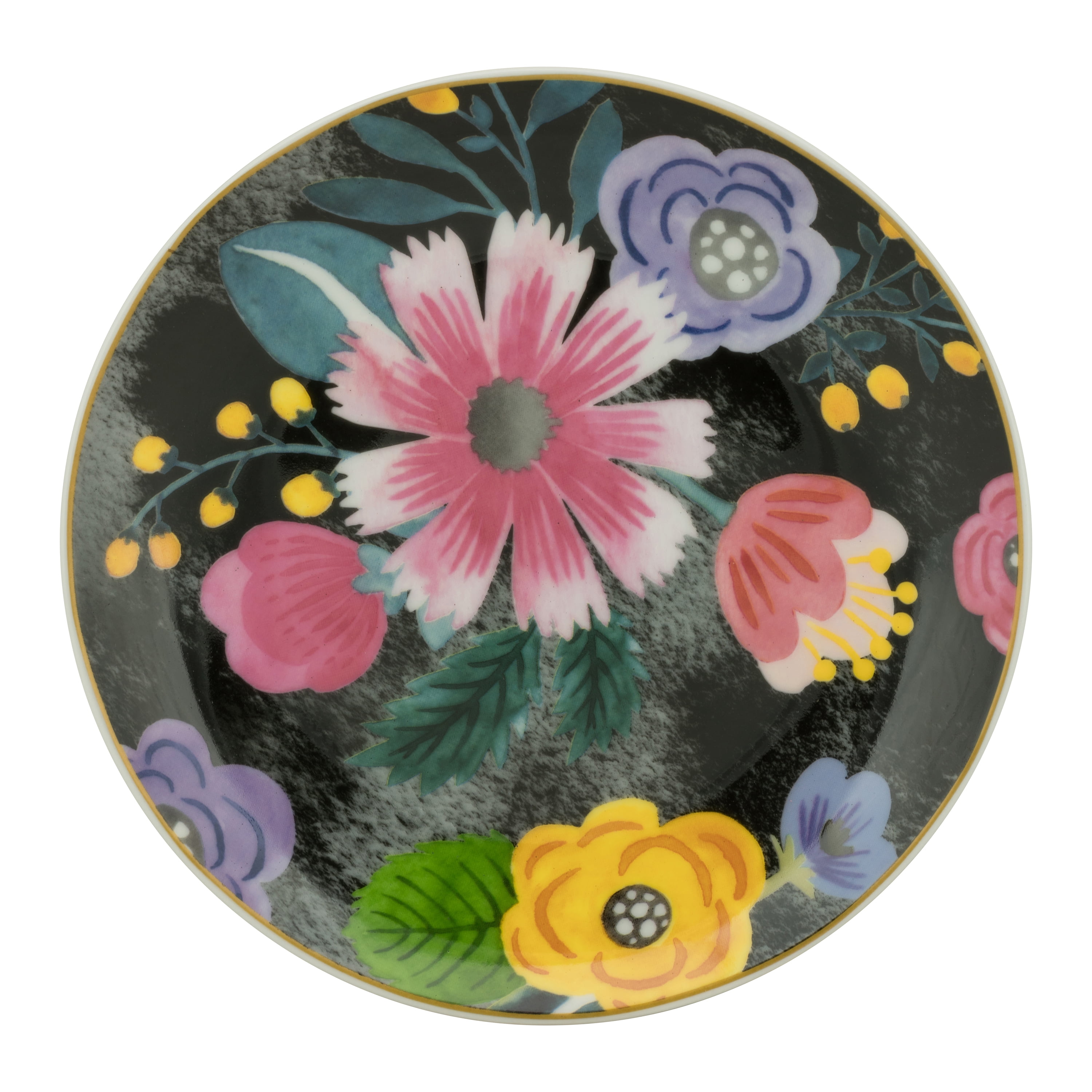 10 Strawberry Street Floral Ceramic Salad Plate, Set of 6, Black
