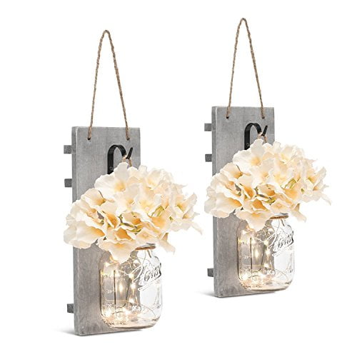TWING Mason Jar Wall Sconces with LED Fairy Lights Rustic Wall Sconces Mason Jar Lights Handmade Wall Art Hanging Design with Remote Timer,118 Strip Lights LED for Farmhouse Home Decor