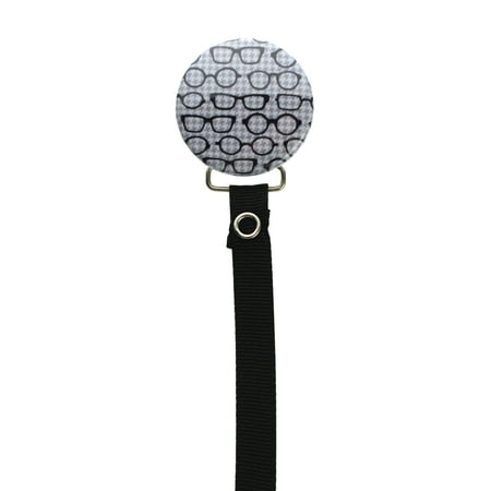 Black Glasses on Grey Checked Background Pacifier Clip with Matching Ribbon