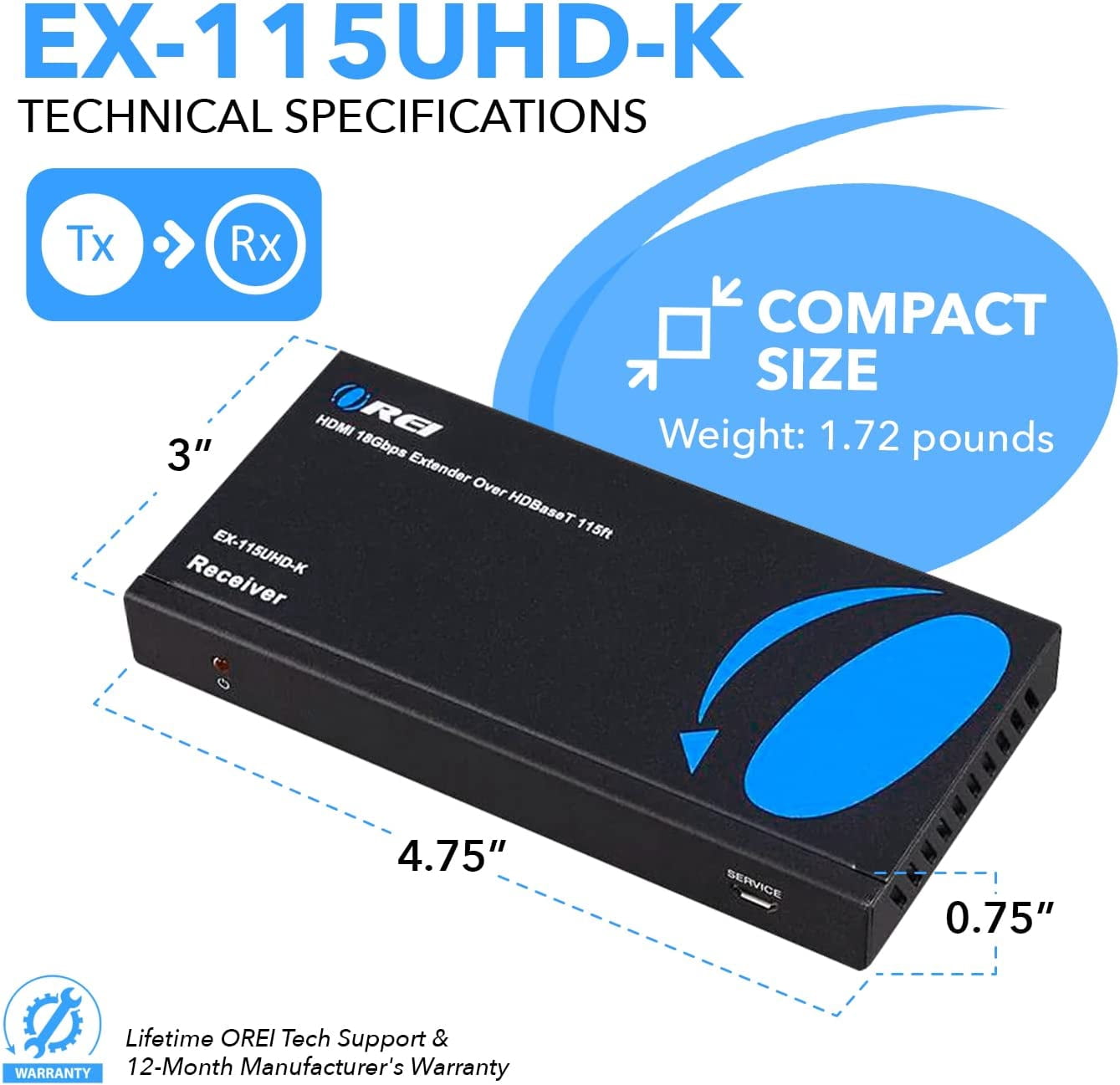 OREI HDBaseT 4K 60Hz HDMI Extender over Cat5e / 6 Ethernet LAN Cable - up to 400ft - IR, CEC, RS-232, PoC