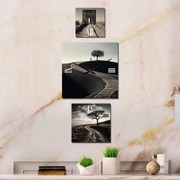 Designart "Monochrome Horizon Simplicity" Meadow Oversized Wall Clock - Set Of 3 - Extra large Clock For Office Décor - Large Traditional Wall Clock