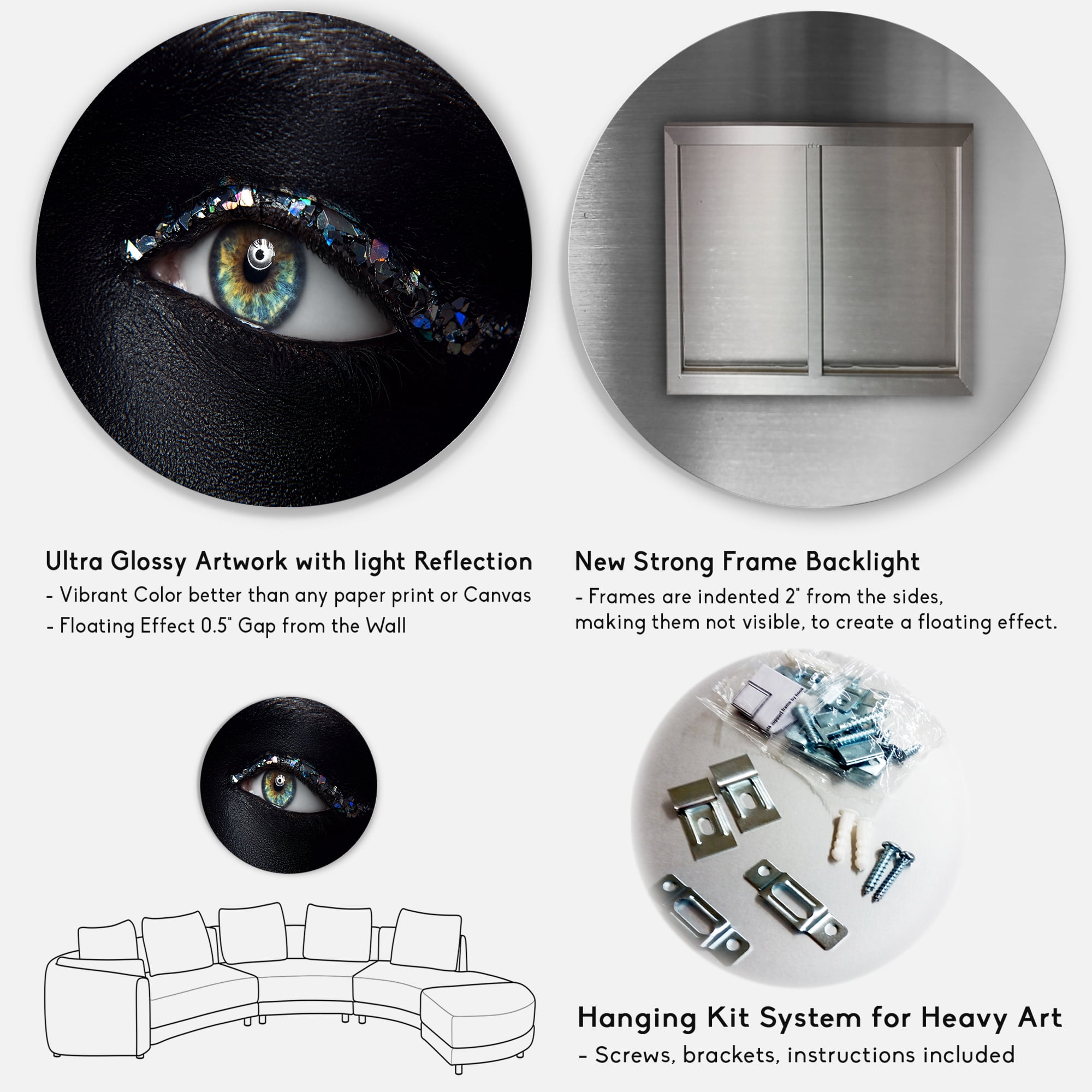 Designart 'Girl Eyes With Multi-Colored Glass Sparkles' Modern Circle Metal Wall Art 36x36 - Disc of 36