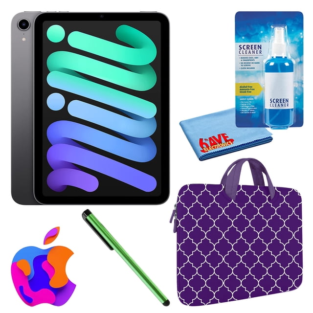Paquete Apple iPad Mini 6 (2021, 64 GB, Wi-Fi, gris espacial) (MK7M3LL/A) con funda con cremallera marroquí morada + kit de limpieza de pantalla